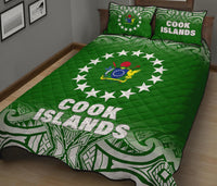 Cook Islands Quilt Bed Set - Cook Islands Flag Coat Of Arms Polynesian Tattoo Green Fog Style - Polynesian Pride