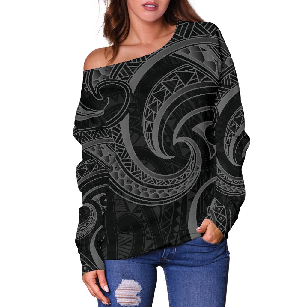 New Zealand Maori Mangopare Women Off Shoulder Sweater Polynesian - Black - Polynesian Pride