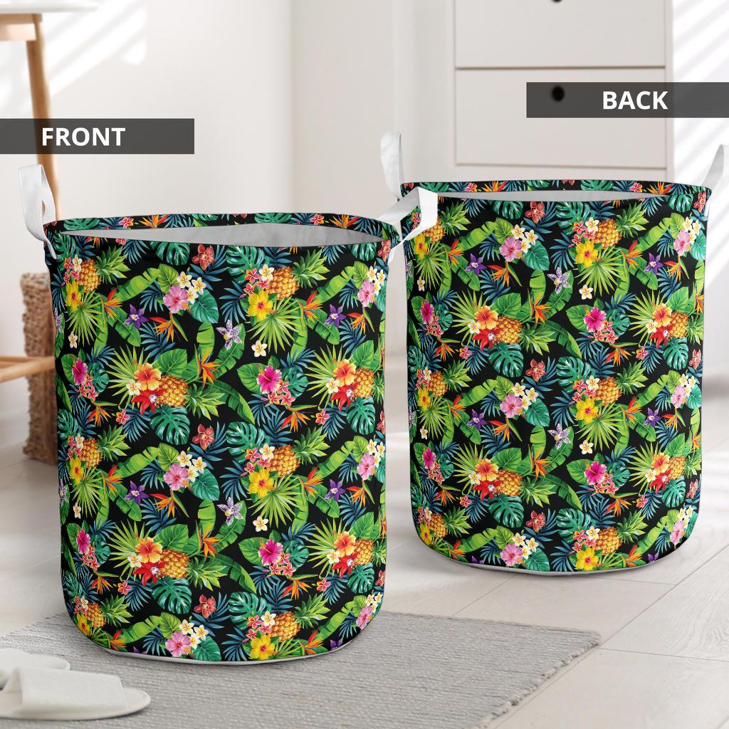 Tropical Pattern With Pineapples Palm Leaves And Flowers Hawaii Laundry Basket AH - Polynesian Pride