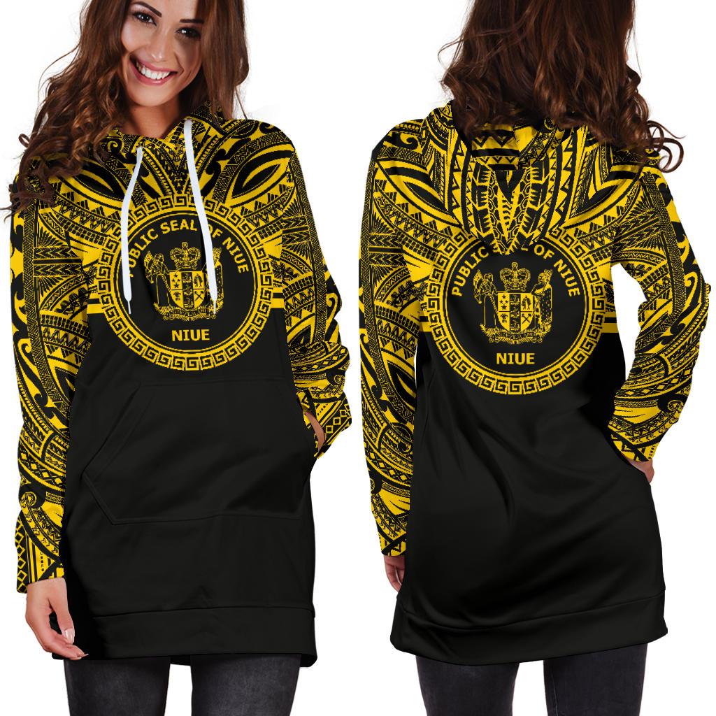 Niue Women Hoodie Dress - Niue Coat Of Arms Polynesian Gold Black - Polynesian Pride
