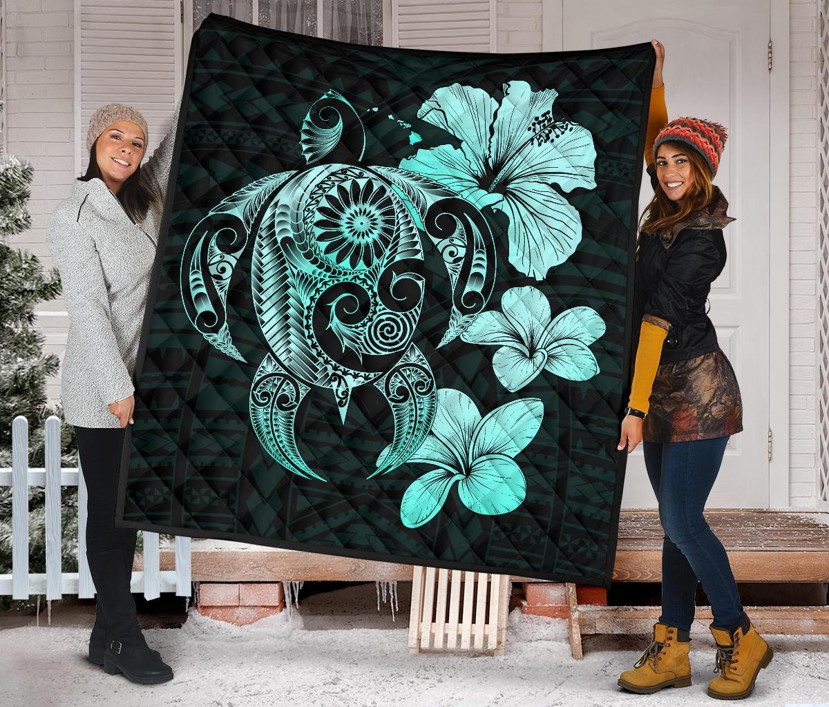 Hibiscus Plumeria Mix Polynesian Turquoise Turtle Premium Quilt - Polynesian Pride