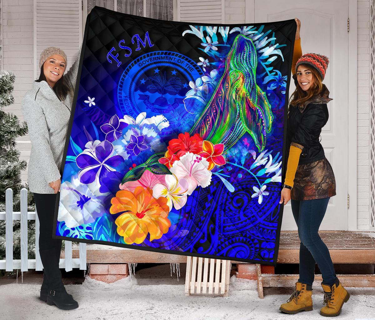 Federated States of Micronesia Premium Quilts - Humpback Whale with Tropical Flowers (Blue) - Polynesian Pride