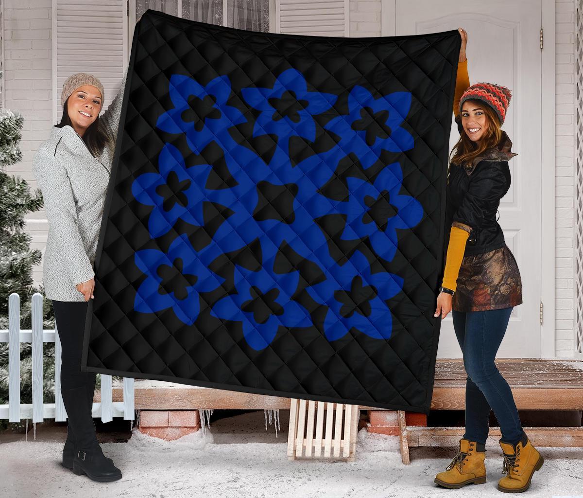 Hawaiian Premium Quilt Royal Pattern - Black And Blue - A1 Style - Polynesian Pride