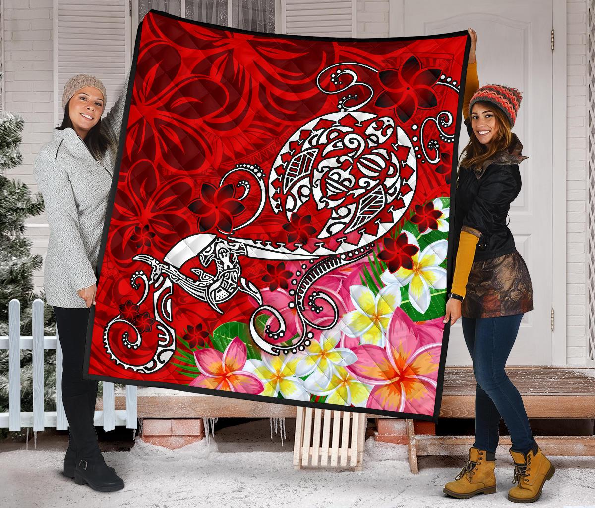 Polynesian Premium Quilt - Turtle Plumeria Red Color - Polynesian Pride