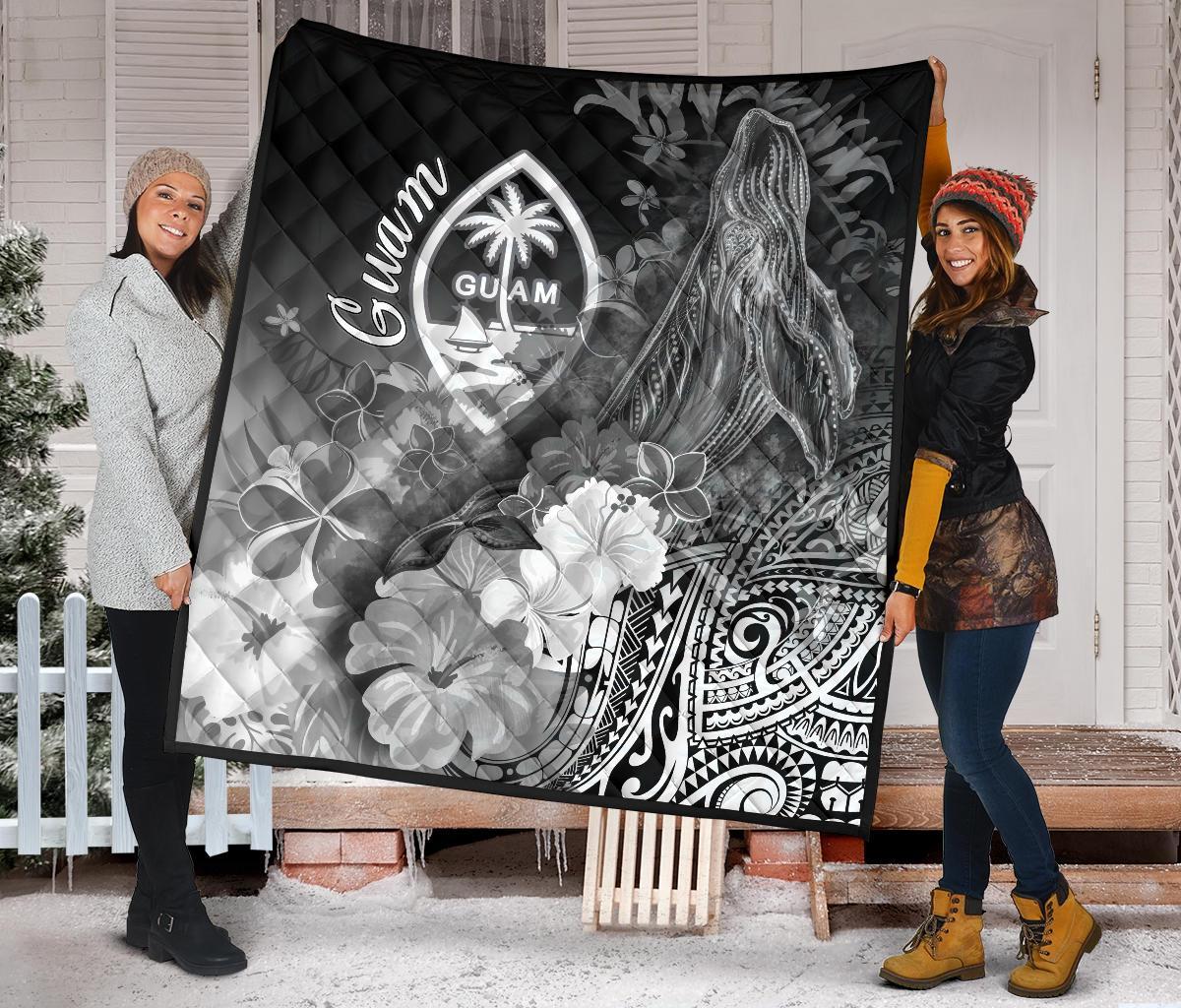 Guam Premium Quilt - Humpback Whale with Tropical Flowers (White) - Polynesian Pride