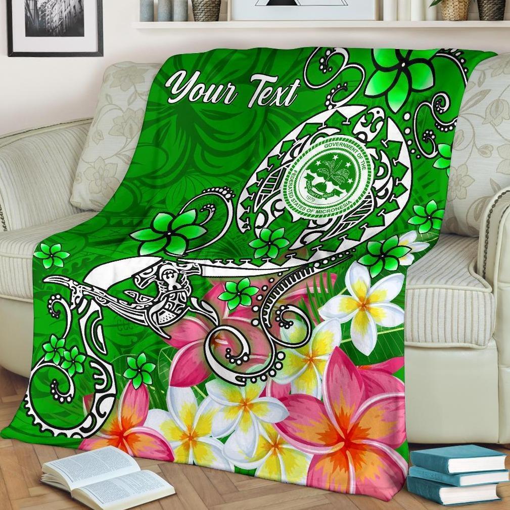 FSM Custom Personalised Premium Blanket - Turtle Plumeria (Green) White - Polynesian Pride