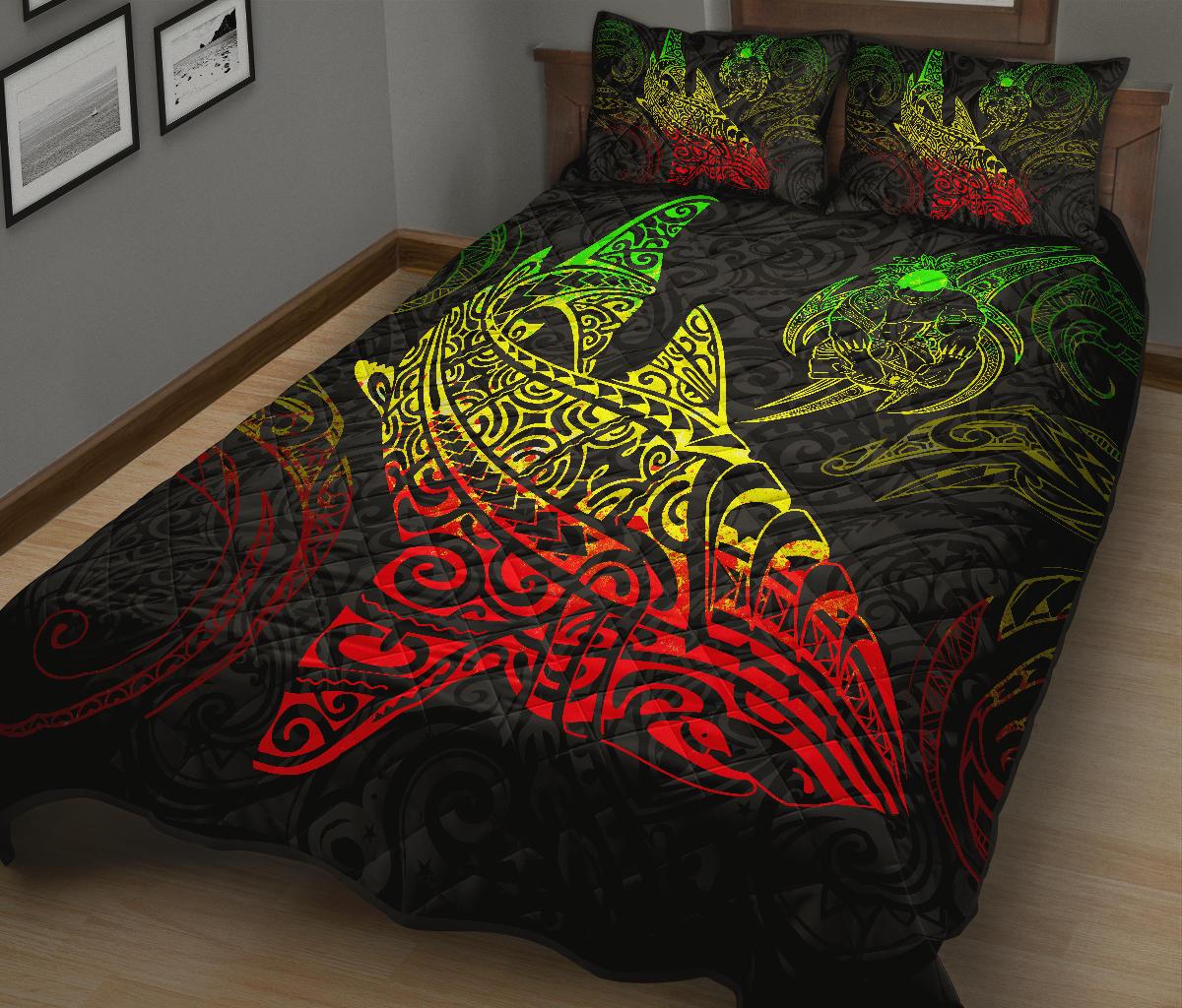 Polynesian Quilt Bed Set - Polynesian Reggae Shark Warrior Tattoo - Polynesian Pride