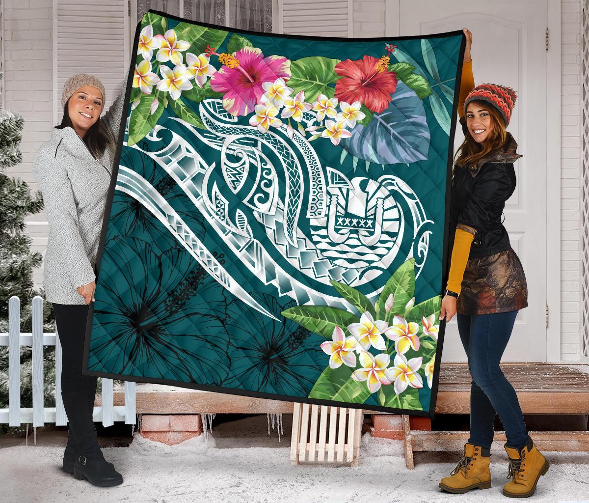 Tahiti Polynesian Premium Quilt - Summer Plumeria (Turquoise) - Polynesian Pride