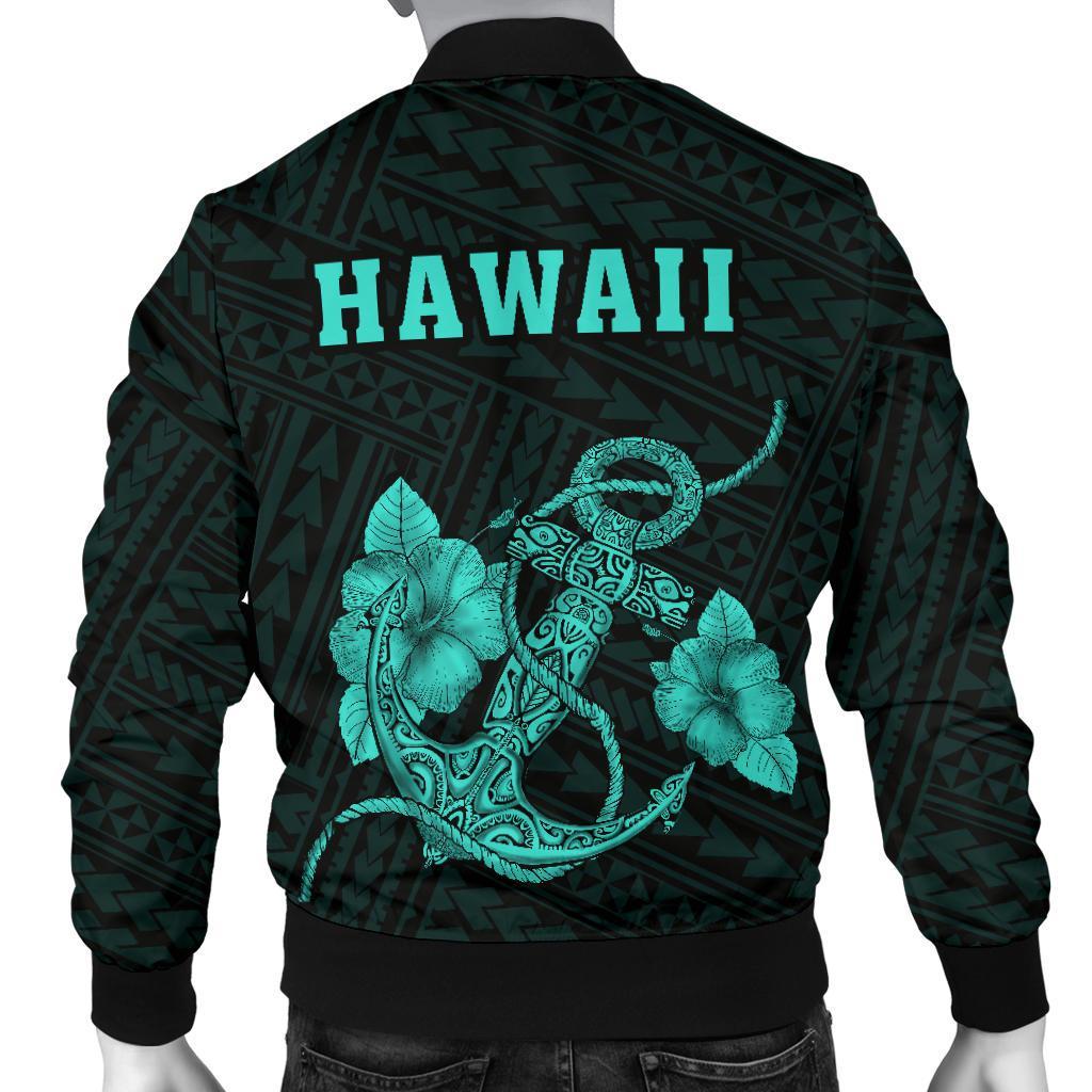 Hawaii Kakau Polynesian Anchor Map Men's Bomber Jacket - Turquoise - Polynesian Pride