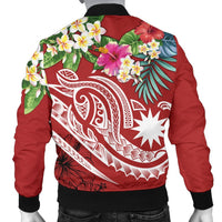 Nauru Polynesian Men's Bomber Jacket - Summer Plumeria (Red) - Polynesian Pride