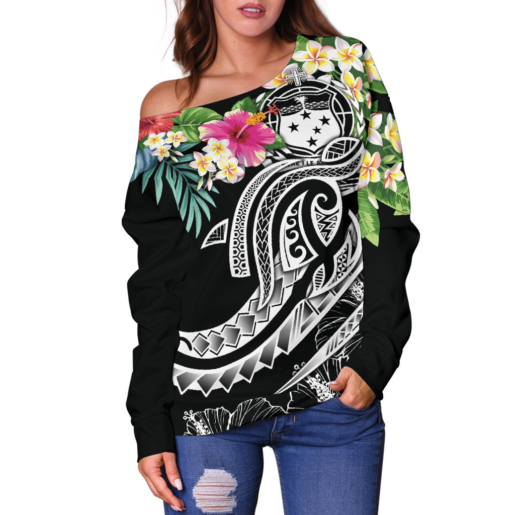 Polynesian Samoa Women's Off Shoulder Sweater - Summer Plumeria (Black) - Polynesian Pride