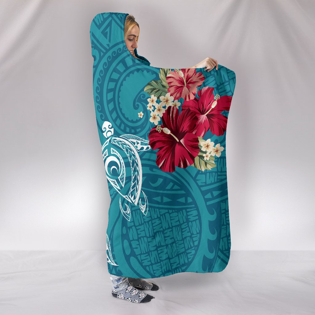 Hawaii Turtle Hibiscus Plumeria Blue Polynesian - Hooded Blanket AH - Polynesian Pride