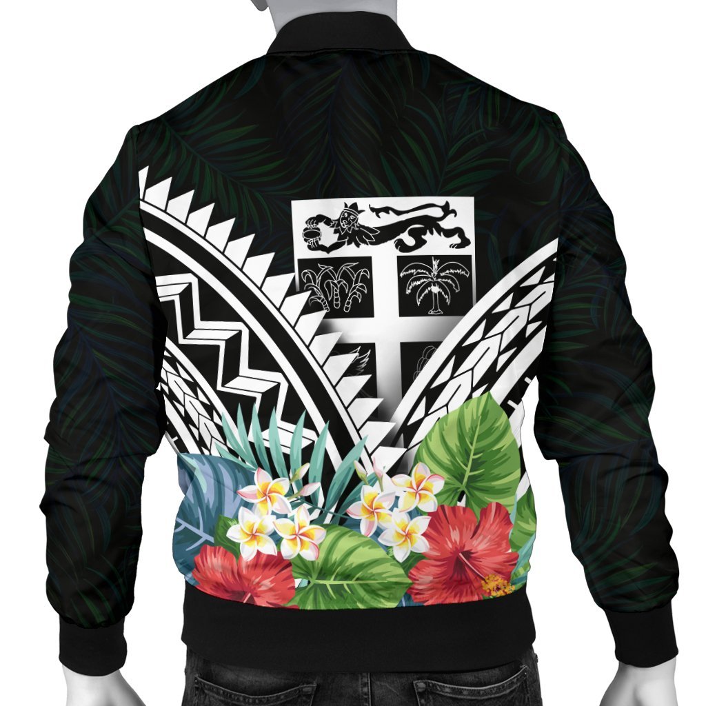 Fiji Men's Bomber Jacket - Fiji Coat of Arms & Polynesian Tropical Flowers White - Polynesian Pride
