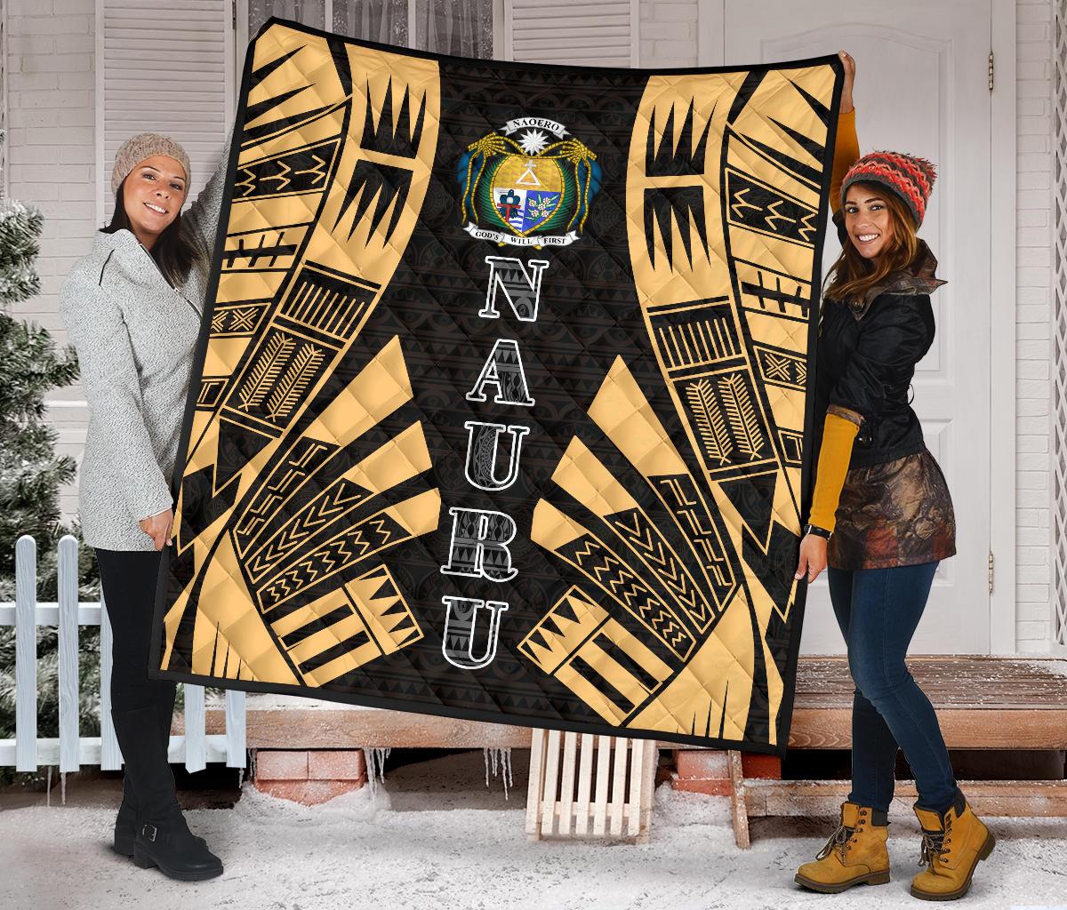 Nauru Premium Quilt - Nauru Coat Of Arms Polynesian Gold Tattoo - Polynesian Pride