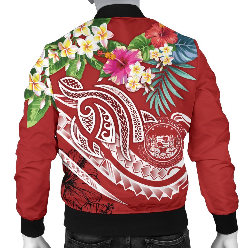 Polynesian Hawaii Men's Bomber Jacket - Summer Plumeria (Red) - Polynesian Pride