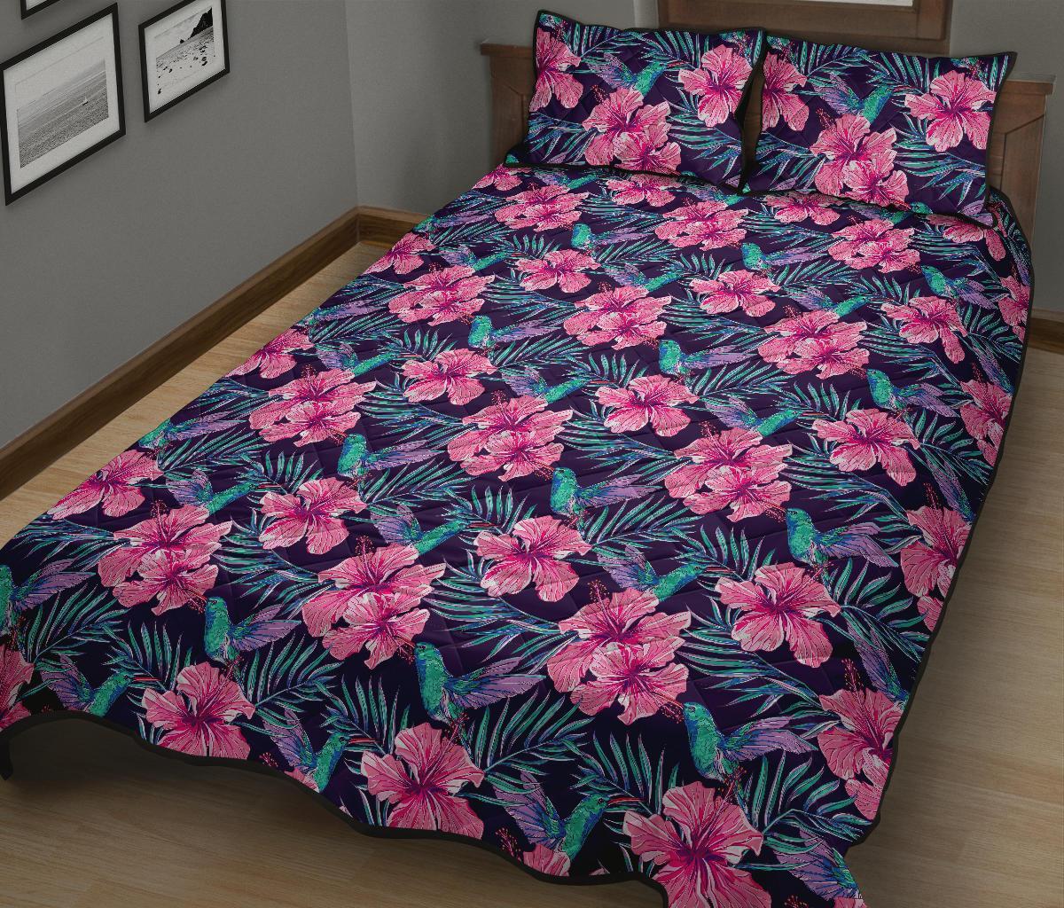 Tropical Flowers With Hummingbirds Palm Leaves Quilt Bed Set - Polynesian Pride
