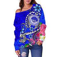 FSM Women's Off Shoulder Sweater - Turtle Plumeria (Blue) - Polynesian Pride