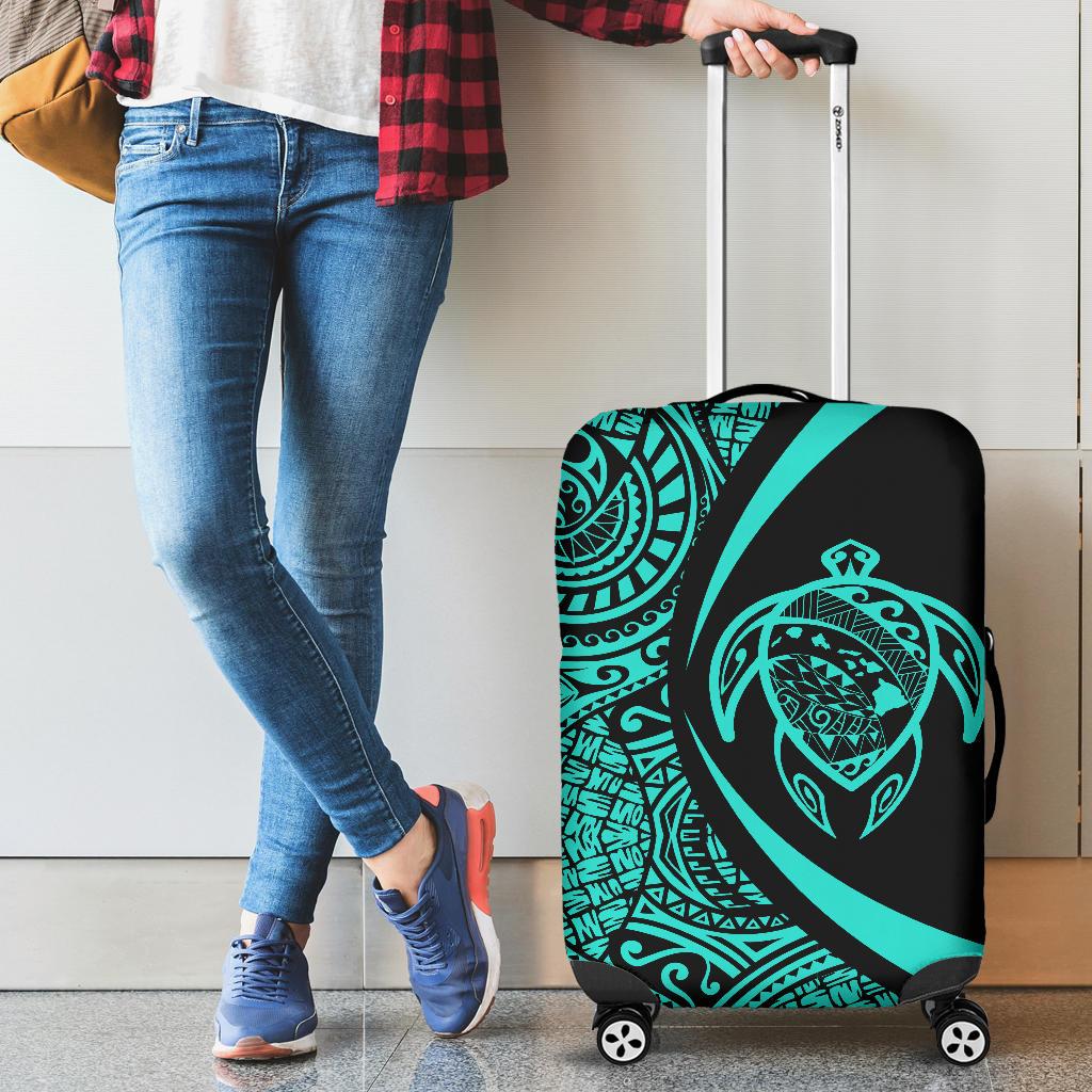Hawaii Turtle Map Polynesian Luggage Cover - Turquoise - Circle Style - Polynesian Pride
