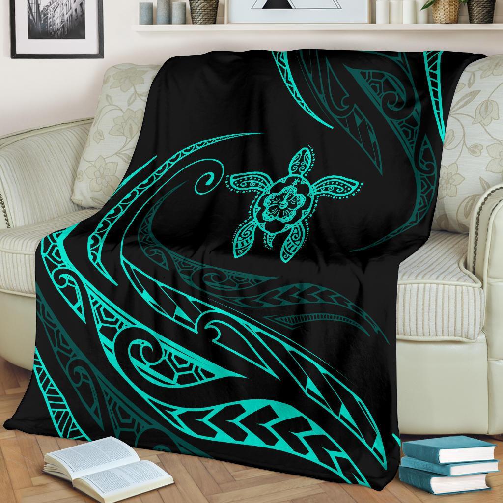 Hawaii Turtle Hibicus Premium Blanket - Frida Style - Turquoise - Polynesian Pride