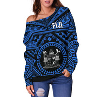 Fiji Women's Off Shoulder Sweater - Fiji Seal With Polynesian Tattoo Style (Blue) - Polynesian Pride