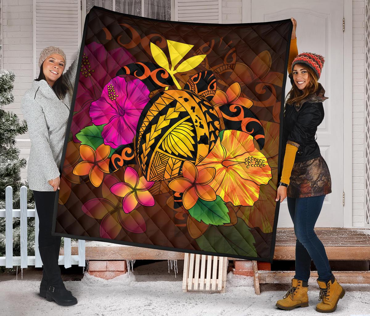 Hawaii Turtle Tribal Map Hibiscus Plumeria Premium Quilt - Polynesian Pride