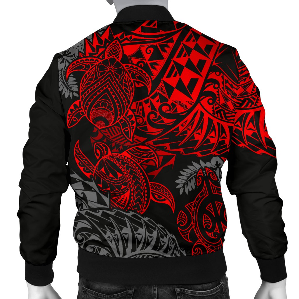 Tahiti Polynesian Men Bomber Jacket - Red Turtle Hibiscus Flowing - Polynesian Pride