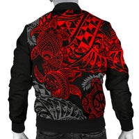 Tahiti Polynesian Men Bomber Jacket - Red Turtle Hibiscus Flowing - Polynesian Pride