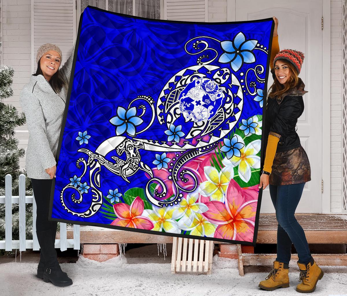 Tonga Premium Quilt - Turtle Plumeria (Blue) - Polynesian Pride