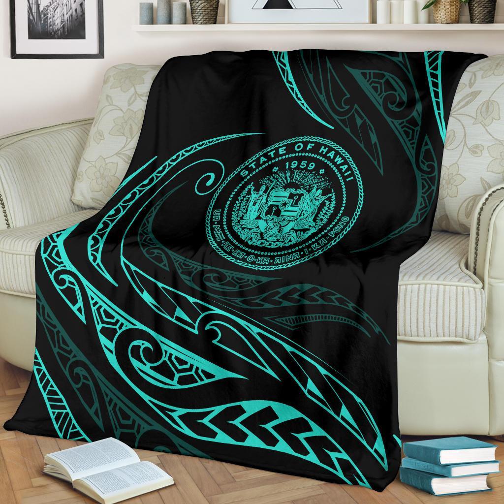 Hawaii Coat Of Arms Premium Blanket - Turquoise - Frida Style - Polynesian Pride