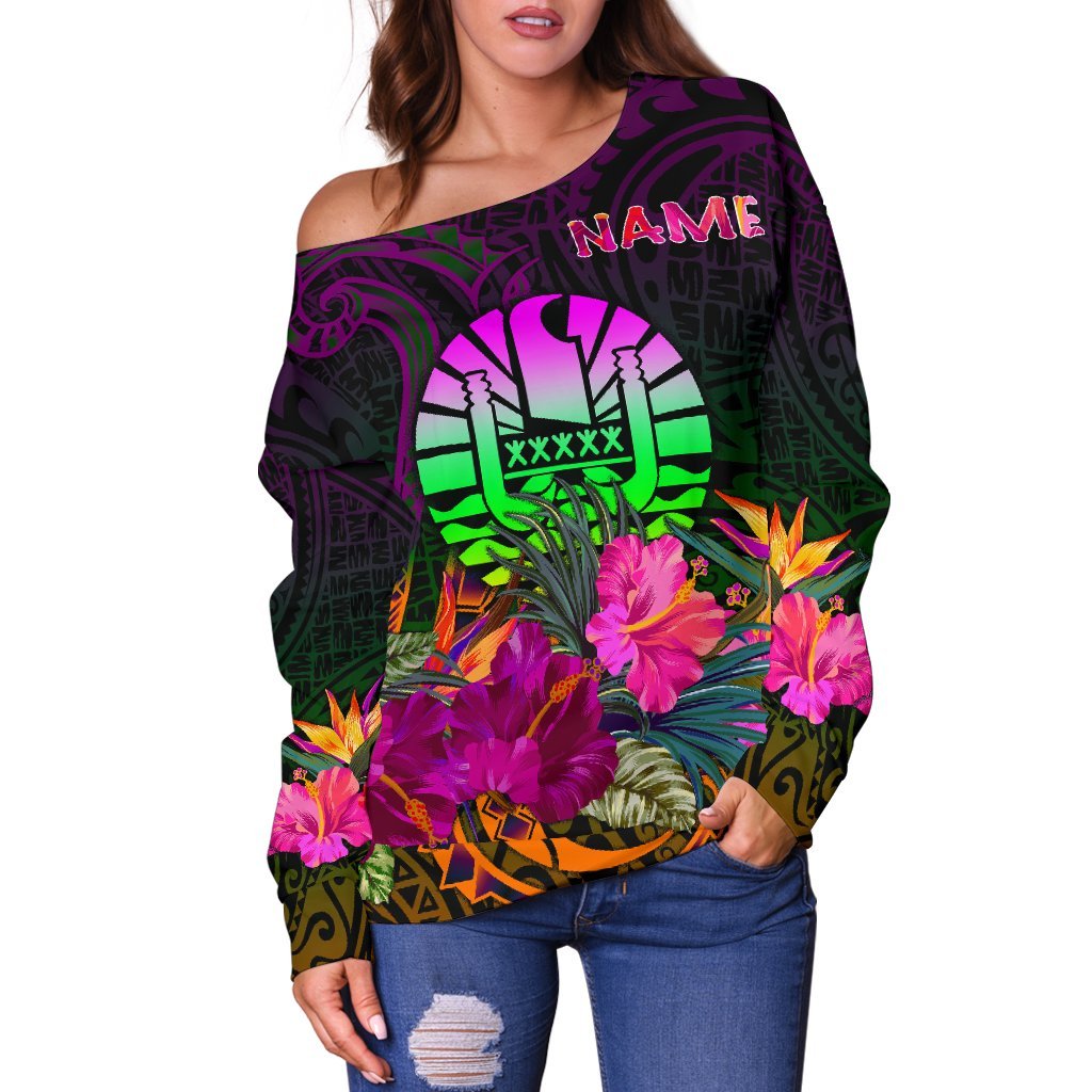 Tahiti Personalised Women's Off Shoulder Sweater - Summer Hibiscus - Polynesian Pride