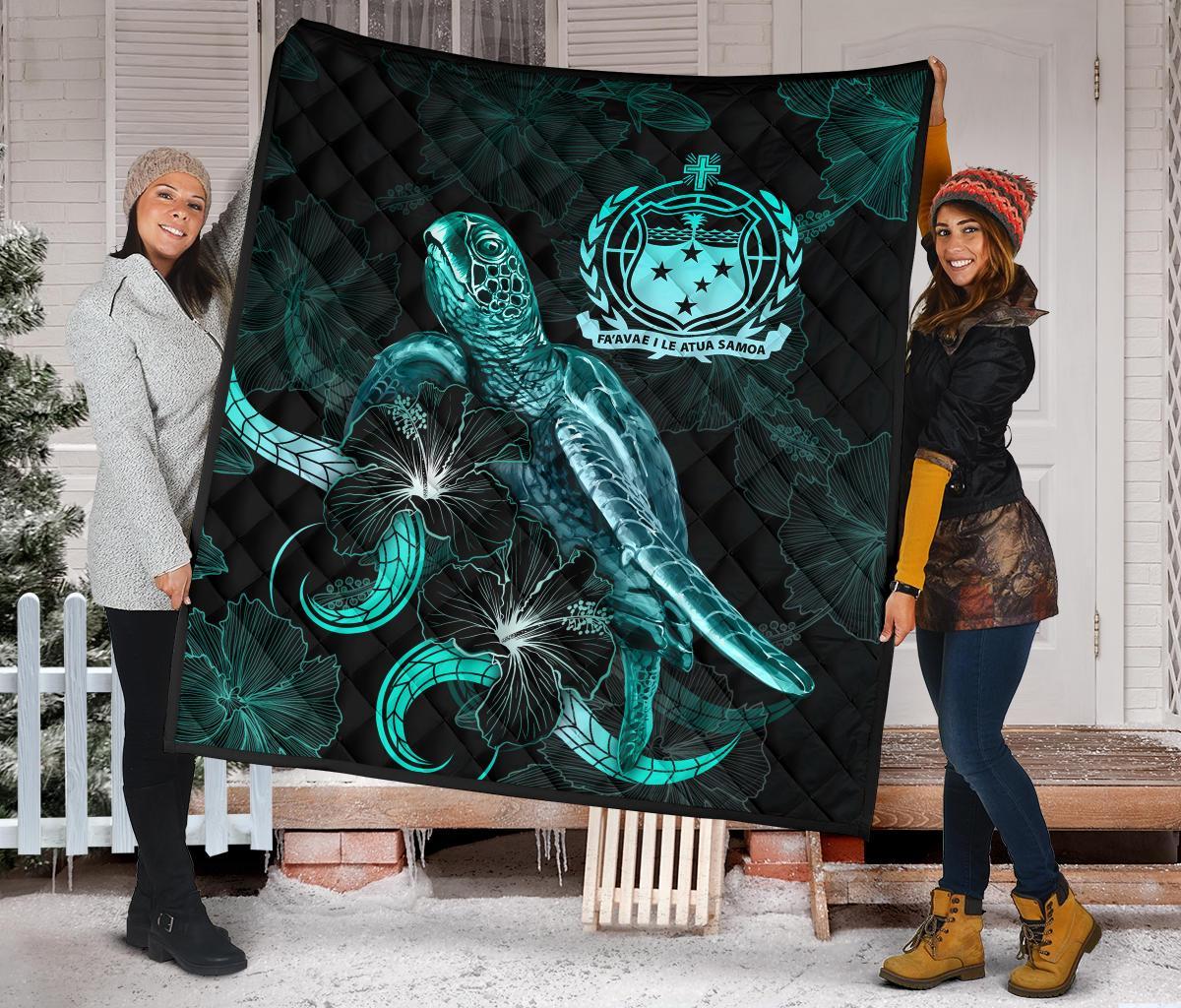 Samoa Polynesian Premium Quilt - Turtle With Blooming Hibiscus Turquoise - Polynesian Pride