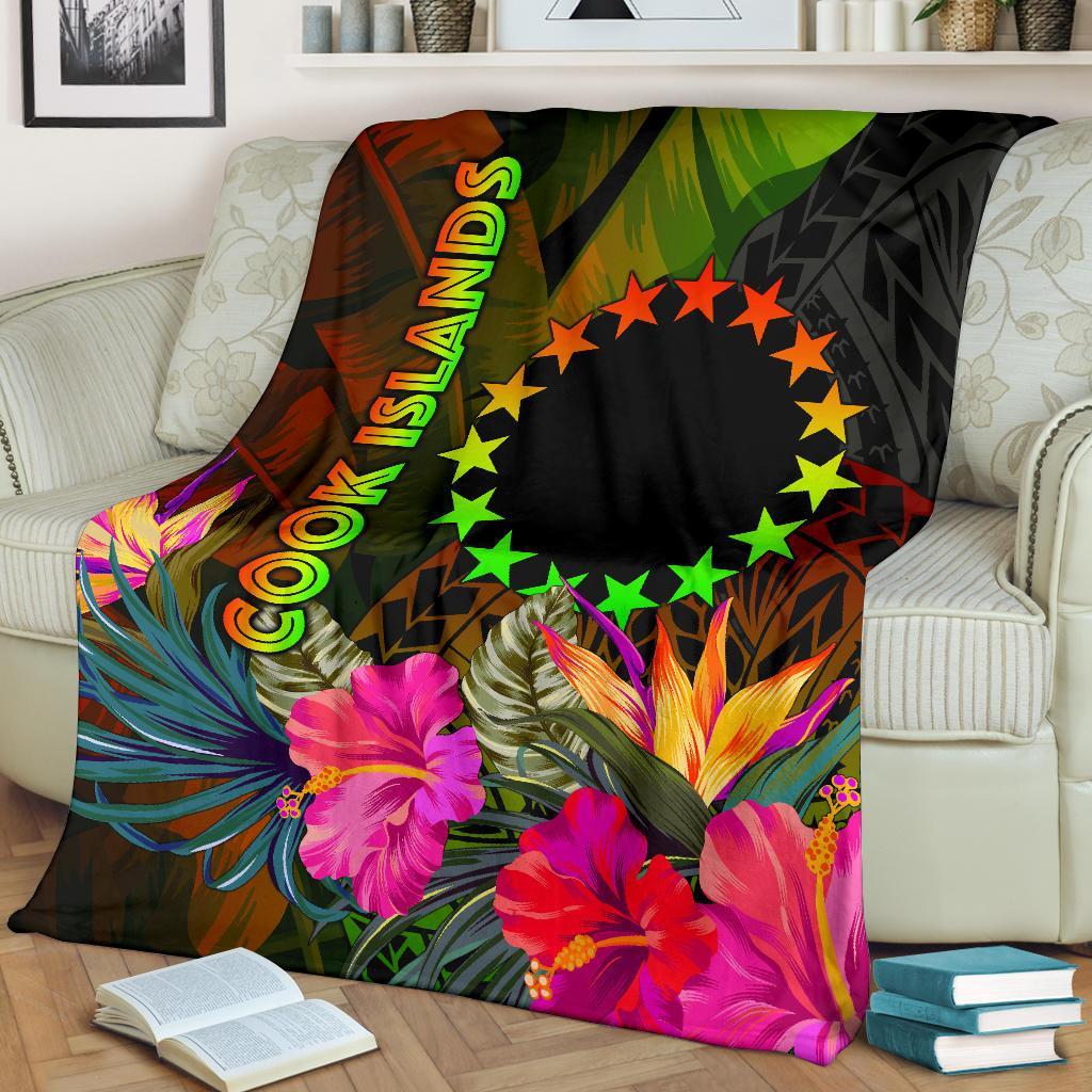 Cook Islands Polynesian Premium Blanket - Hibiscus and Banana Leaves - Polynesian Pride