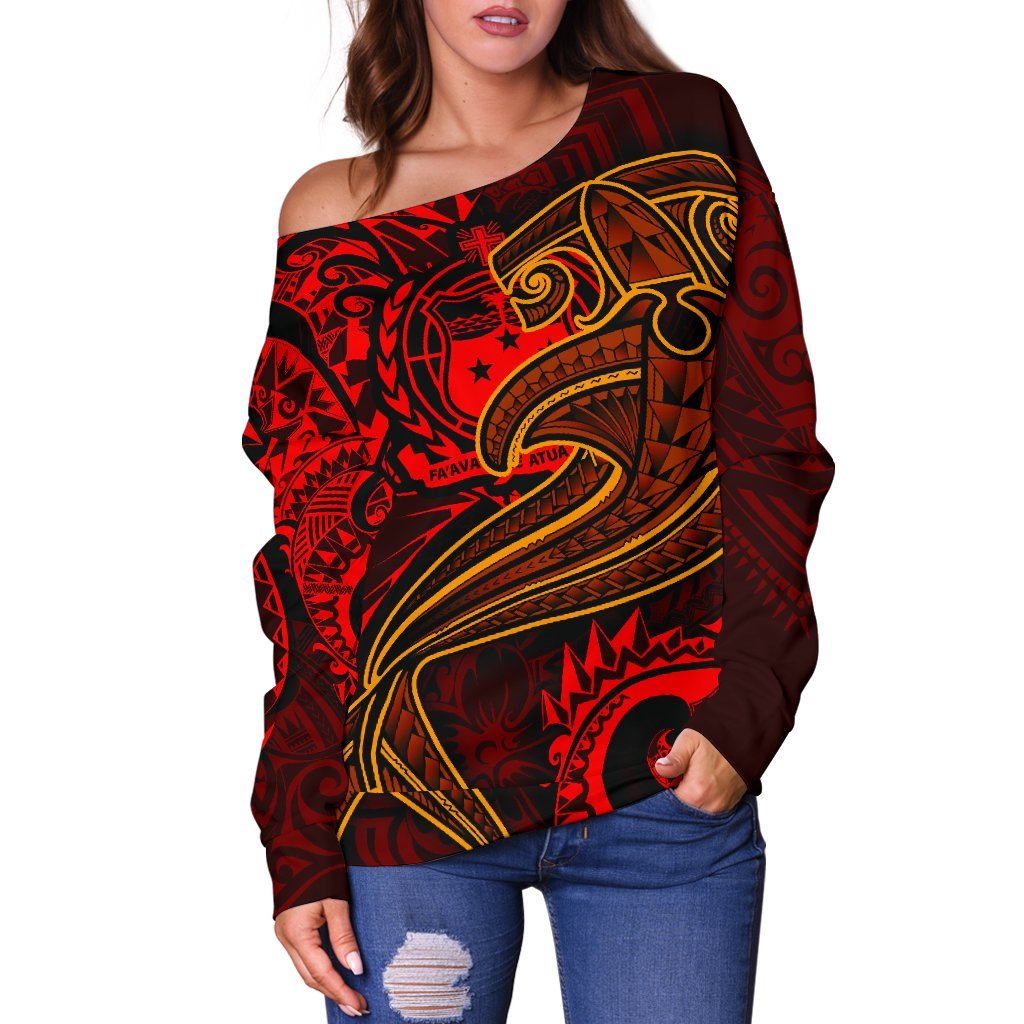 Samoa Women's Off Shoulder Sweater - Red Shark Polynesian Tattoo - Polynesian Pride