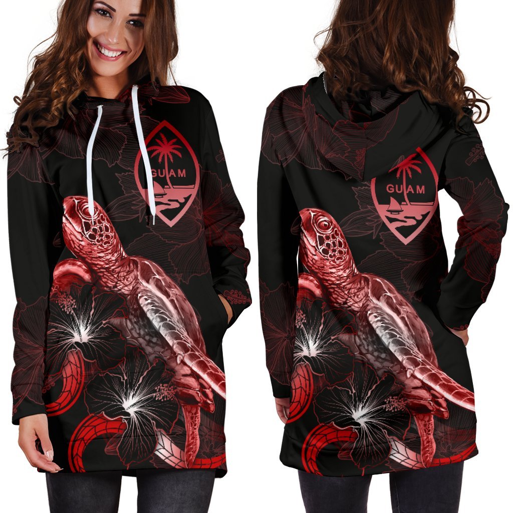 Guam Polynesian Hoodie Dress - Turtle With Blooming Hibiscus Red - Polynesian Pride