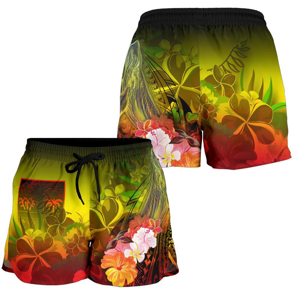 Fiji Women's Shorts - Humpback Whale with Tropical Flowers (Yellow) - Polynesian Pride