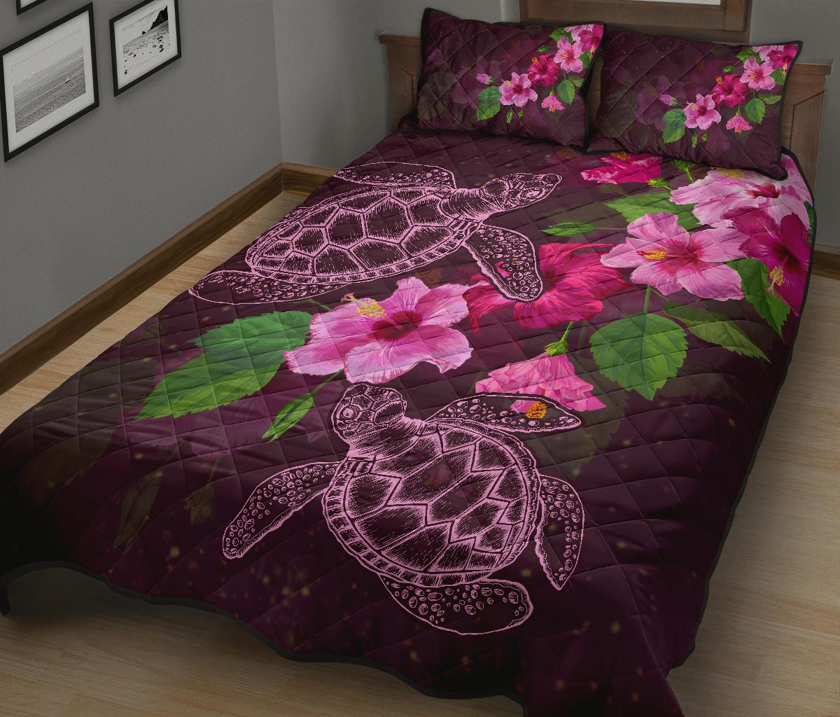 Hawaii Turtle Hibiscus Pink Simple Quilt Bed Set - Polynesian Pride