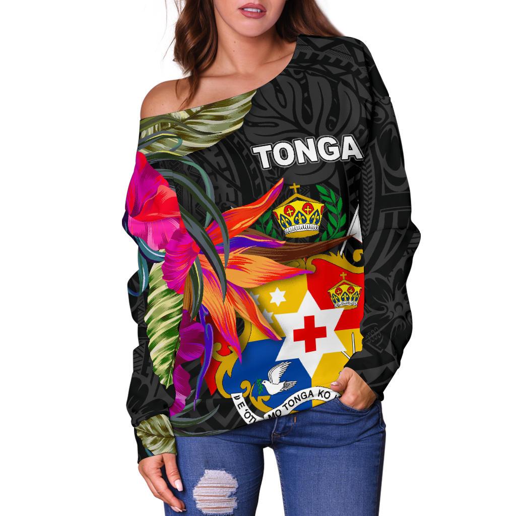 Tonga Women's Off Shoulder Sweater - Polynesian Hibiscus Pattern - Polynesian Pride