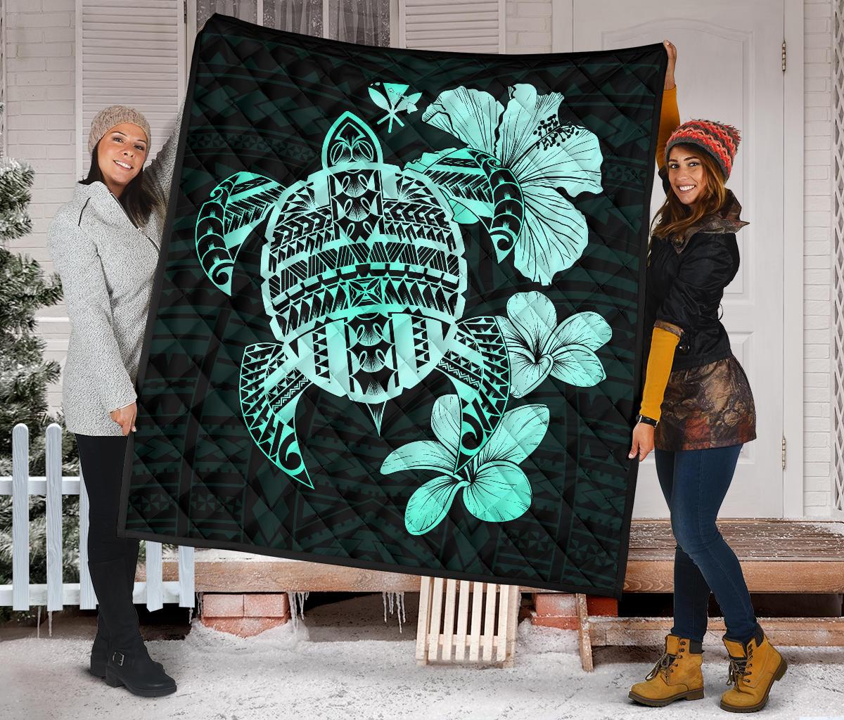 Hawaiian Kanaka Hibiscus Plumeria Mix Polynesian Turtle Premium Quilt Turquoise AH - Polynesian Pride