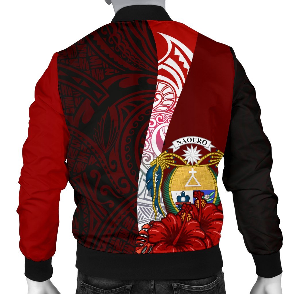 Nauru Polynesian Custom Personalised Men's Bomber Jacket - Coat Of Arm With Hibiscus - Polynesian Pride
