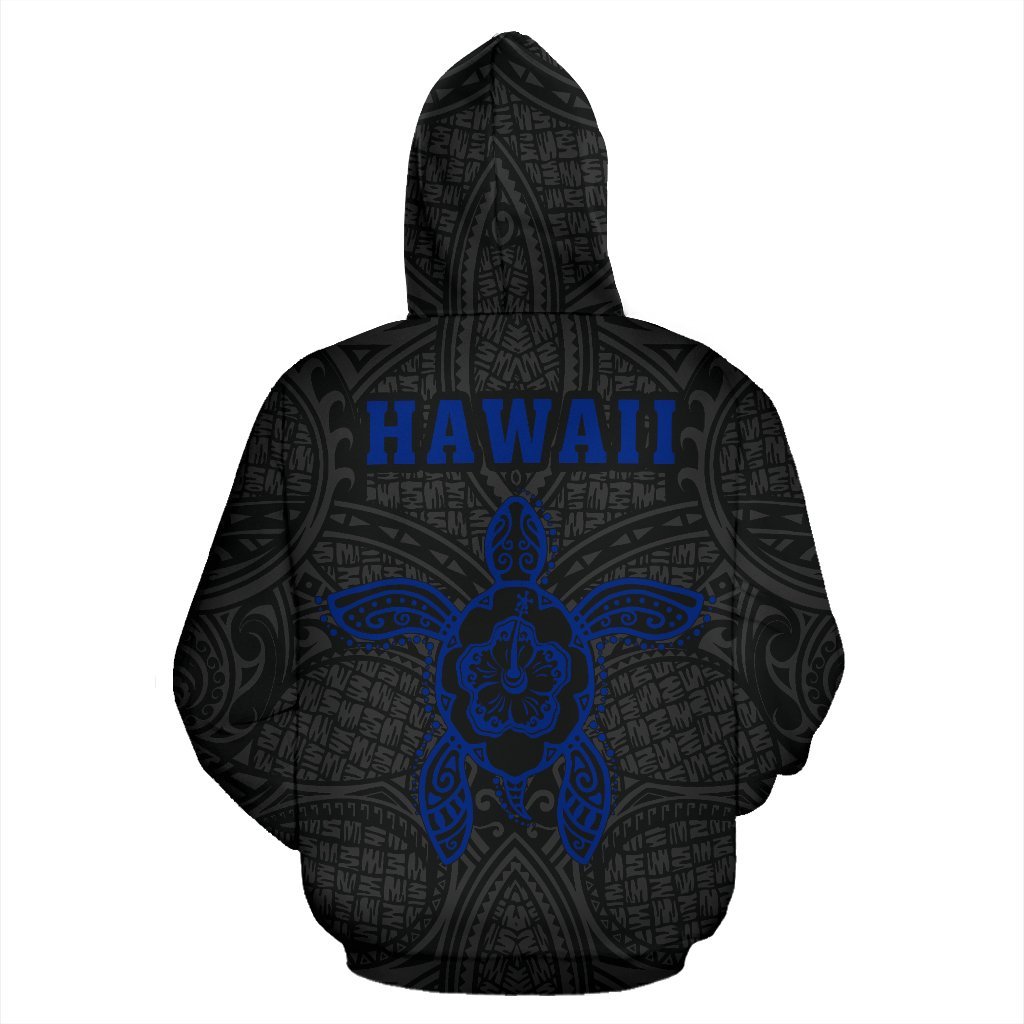 Polynesian Kakau Hula Girl Turtle Hibiscus Hawaii Zip Hoodie Blue - Polynesian Pride