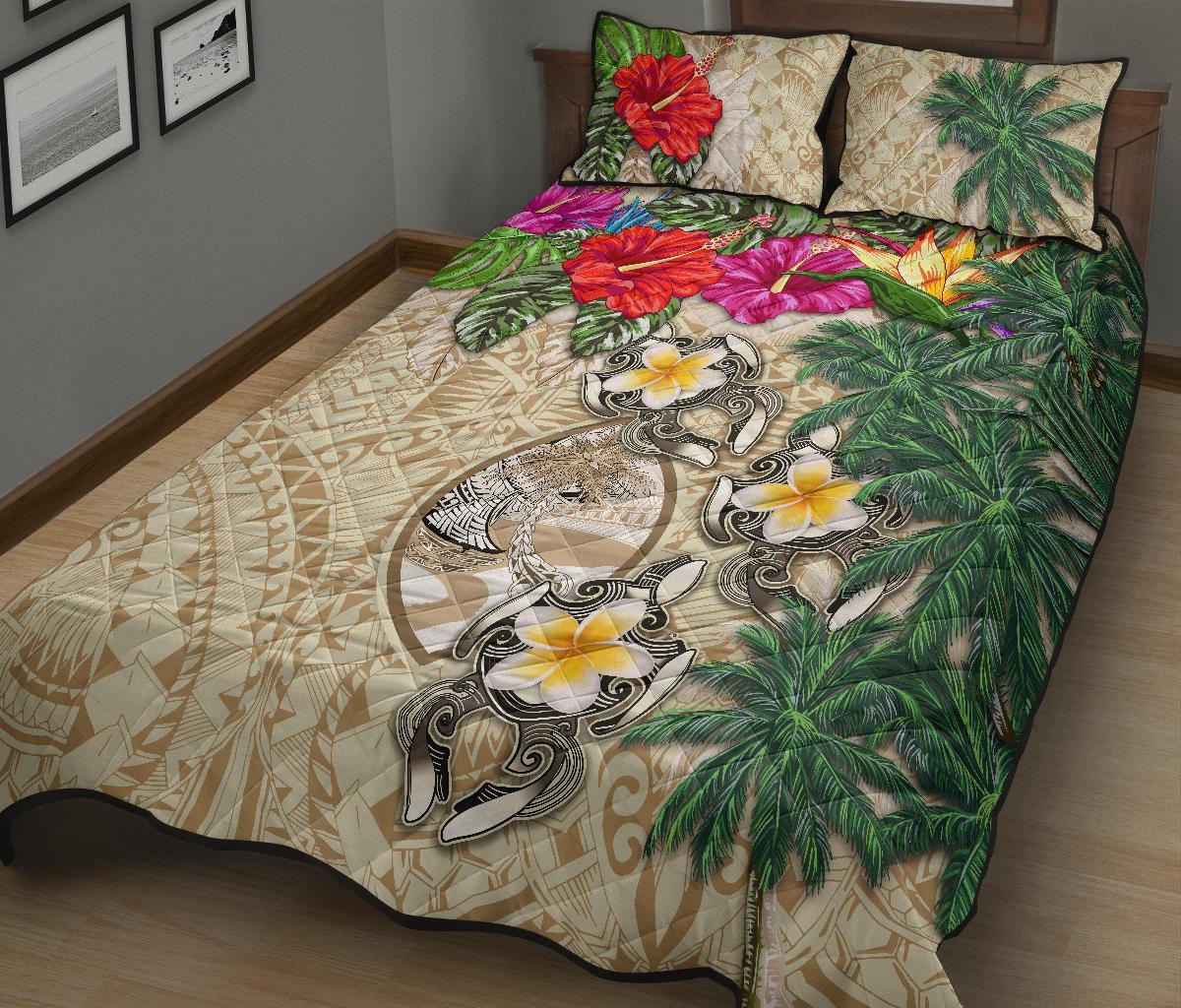Guam Polynesian Quilt Bed Set - Hibiscus Turtle Tattoo Beige - Polynesian Pride