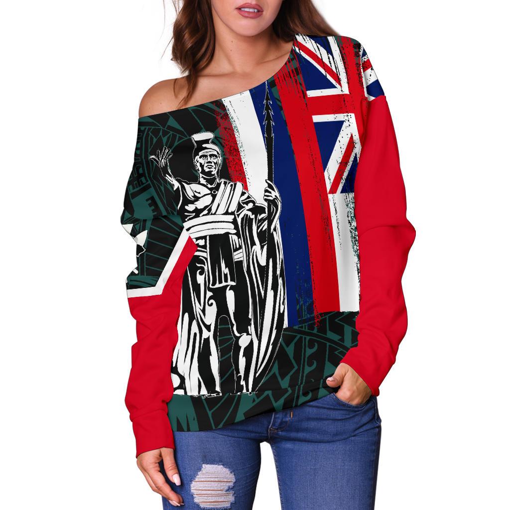 Hawaii Flag Flag Polynesian Women's Off Shoulder Sweater - Turquoise - Polynesian Pride
