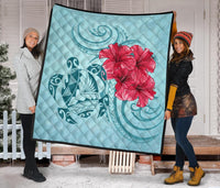 Hawaii Polynesian Turtle Hibiscus Blue Premium Quilt - Bless Style - Polynesian Pride
