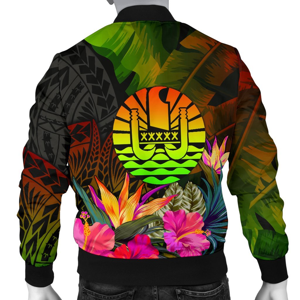 Tahiti Polynesian Personalised Men's Bomber Jacket - Hibiscus and Banana Leaves - Polynesian Pride