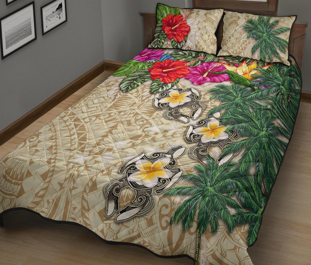 Tuvalu Polynesian Quilt Bed Set - Hibiscus Turtle Tattoo Beige - Polynesian Pride