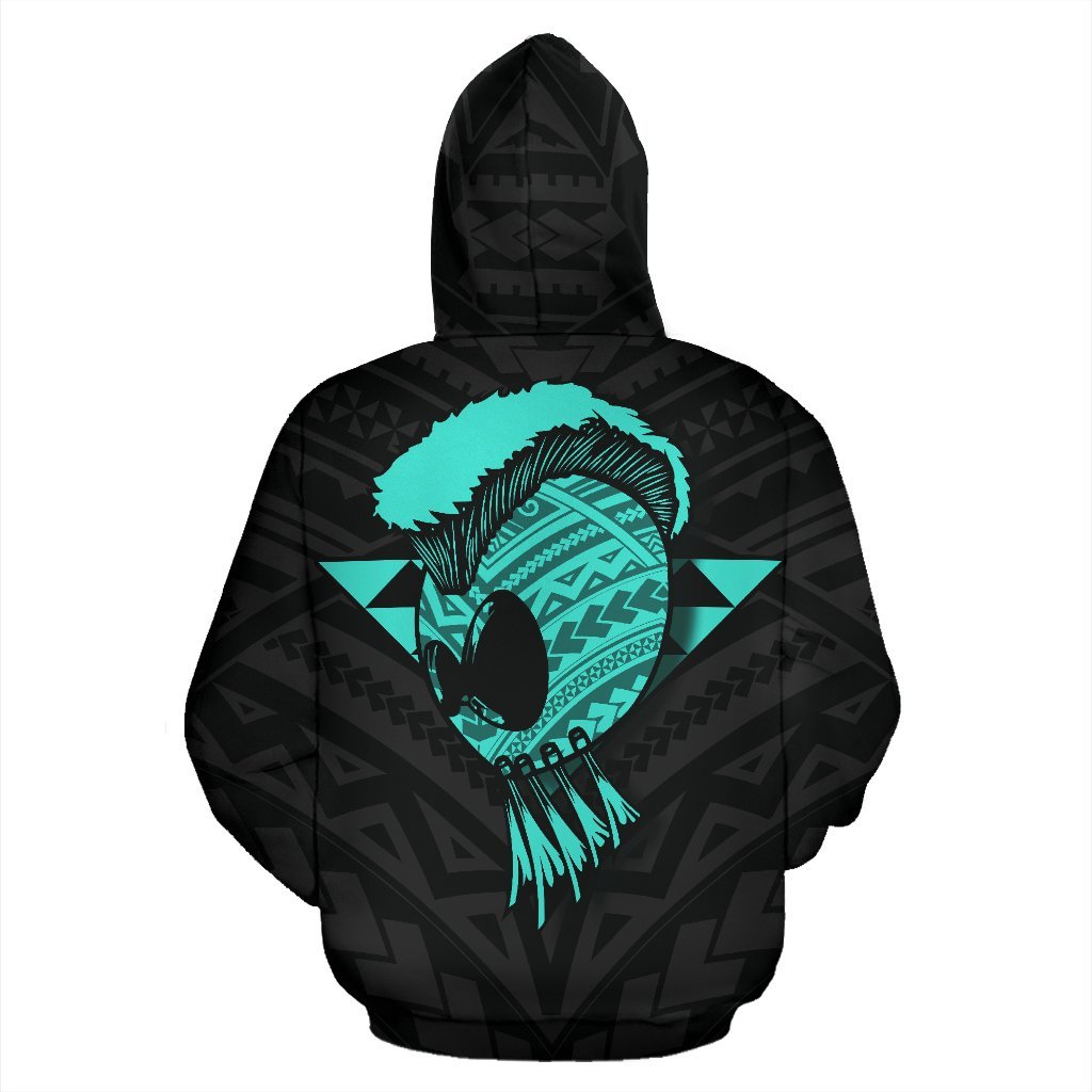 Polynesian Kakau Warrior Helmet Hawaii Custom Zip Hoodie Turquoise - Polynesian Pride