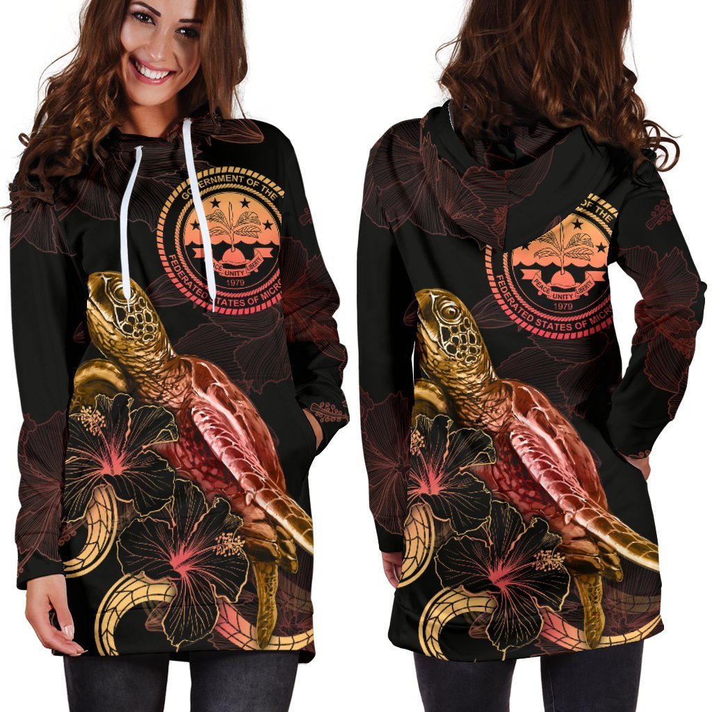 Federated States of Micronesia Polynesian Hoodie Dress - Turtle With Blooming Hibiscus Gold - Polynesian Pride