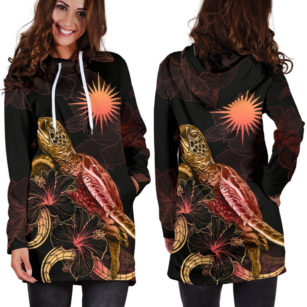Marshall Islands Polynesian Hoodie Dress - Turtle With Blooming Hibiscus Gold - Polynesian Pride