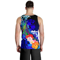 Tonga Men's Tank Top - Humpback Whale with Tropical Flowers (Blue) - Polynesian Pride