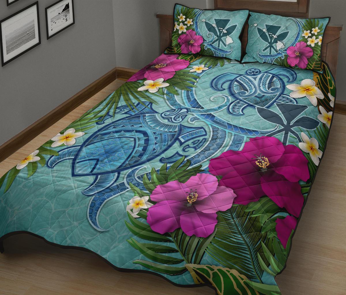 Kanaka Maoli (Hawaiian) Quilt Bed Set - Polynesian Turtle Hibiscus And Plumeria - Polynesian Pride